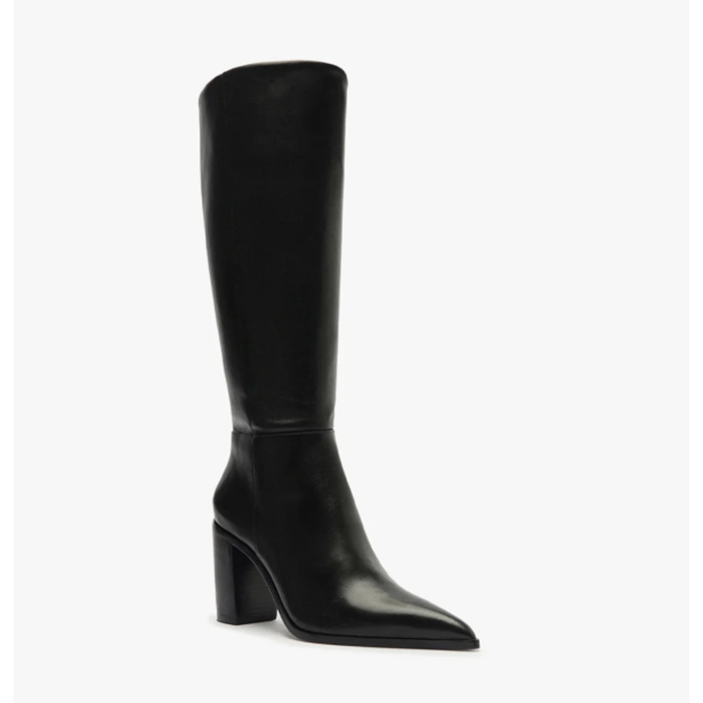 SCHUTZ Black Pointed-Toe Knee-High Block Heel Boots